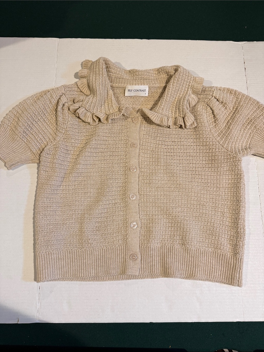 SELF CONTRAST Beige Ruffled Collar Knit Cardigan